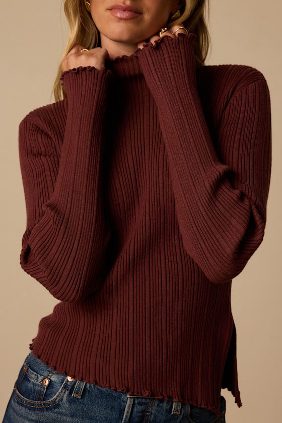 Bryce Maroon Ribbed Asymmetrical Mock Neck Top - thumbnail 3