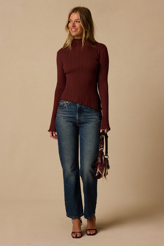 Bryce Maroon Ribbed Asymmetrical Mock Neck Top - thumbnail 4