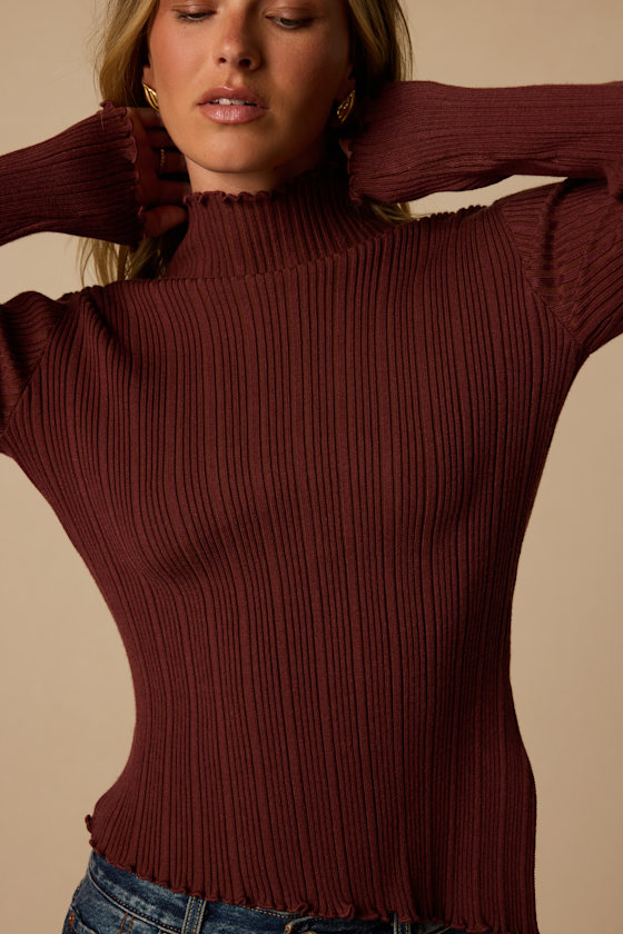 Bryce Maroon Ribbed Asymmetrical Mock Neck Top - thumbnail 5