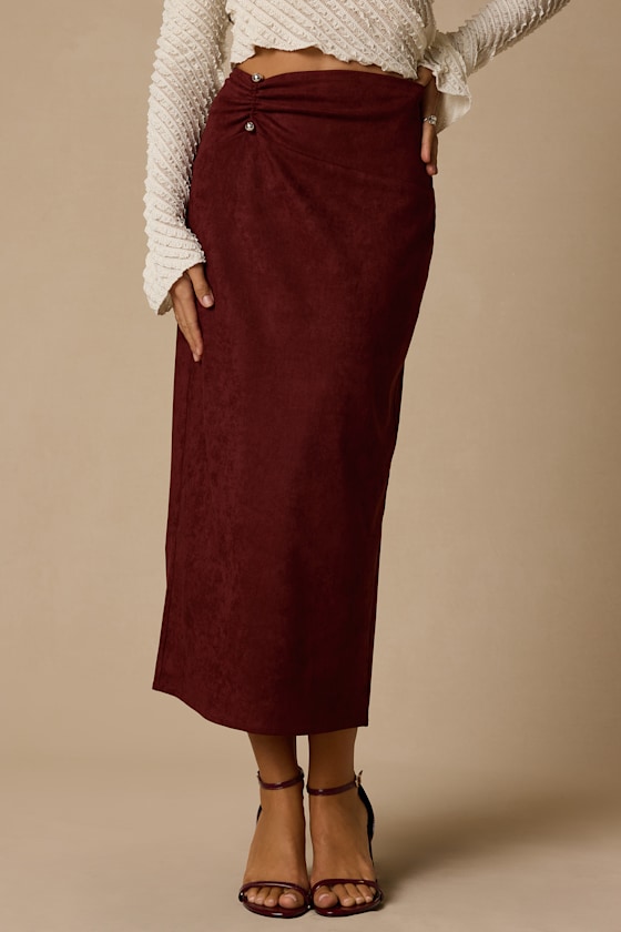 Jemma Burgundy Suede Column Midi Skirt - thumbnail 3