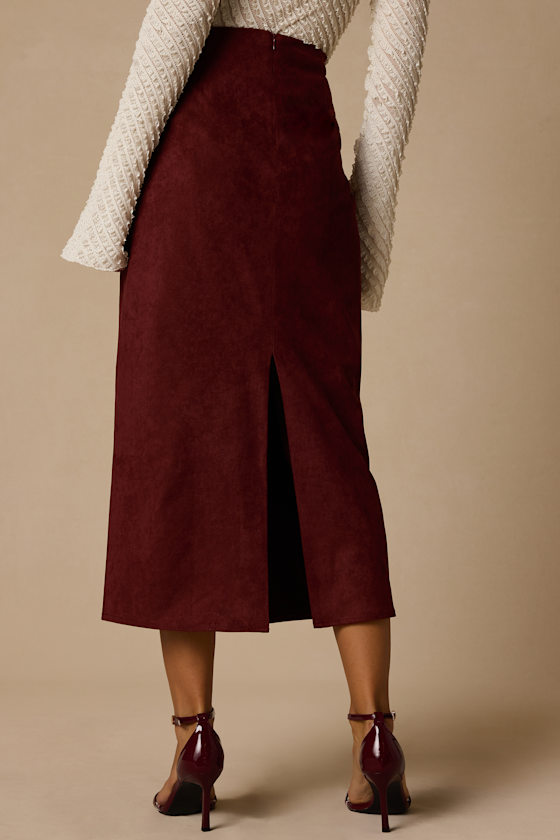 Jemma Burgundy Suede Column Midi Skirt - thumbnail 4