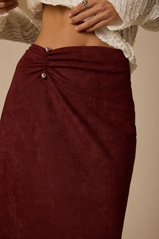 Jemma Burgundy Suede Column Midi Skirt - thumbnail 5