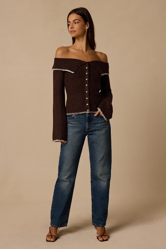 Cait Brown Ribbed Off-the-Shoulder Sweater - thumbnail 4