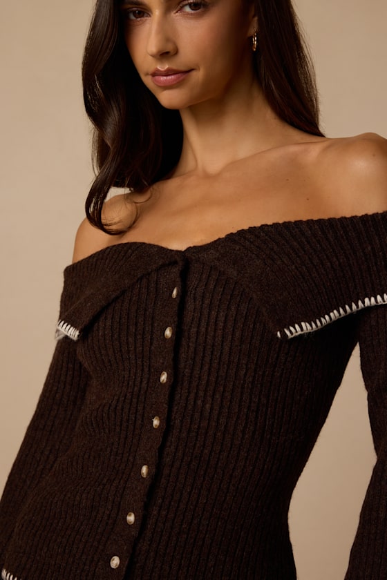 Cait Brown Ribbed Off-the-Shoulder Sweater - thumbnail 5