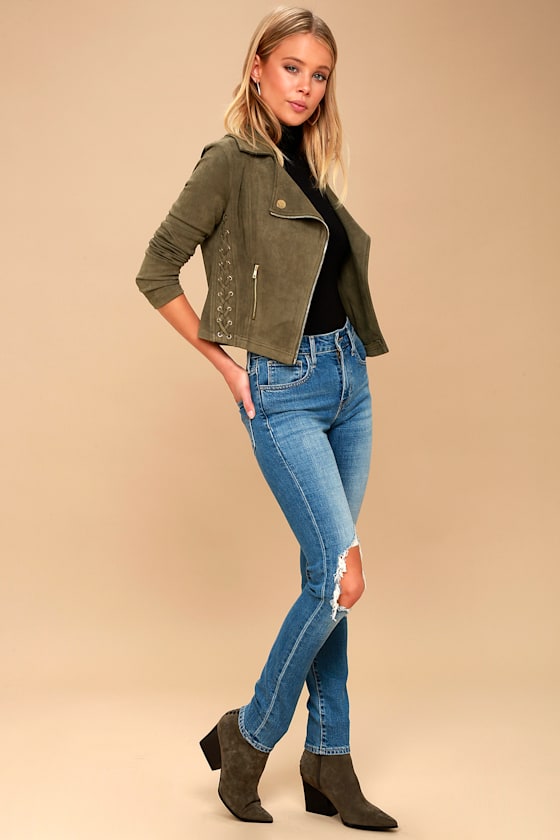 Orson Olive Green Vegan Suede Lace-Up Moto Jacket 1