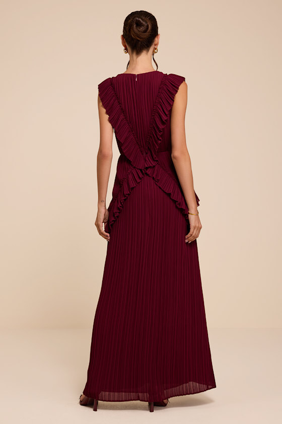 Flora Burgundy Pleated Ruffled Maxi Dress - thumbnail 3