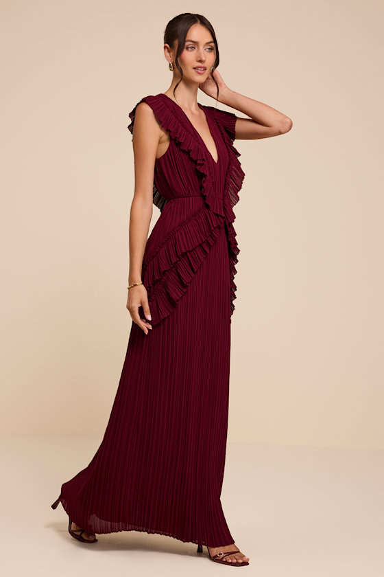 Flora Burgundy Pleated Ruffled Maxi Dress - thumbnail 4