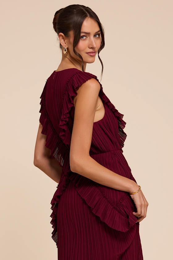 Flora Burgundy Pleated Ruffled Maxi Dress - thumbnail 5