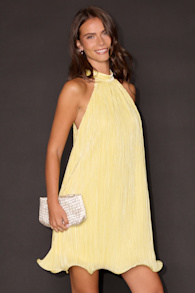 Vaivah Light Yellow Satin Plisse Mock Neck Swing Mini Dress 1