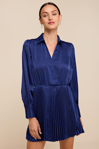 Marguerite Navy Blue Satin Pleated Mini Dress 1