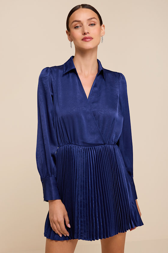 Marguerite Navy Blue Satin Pleated Mini Dress 1