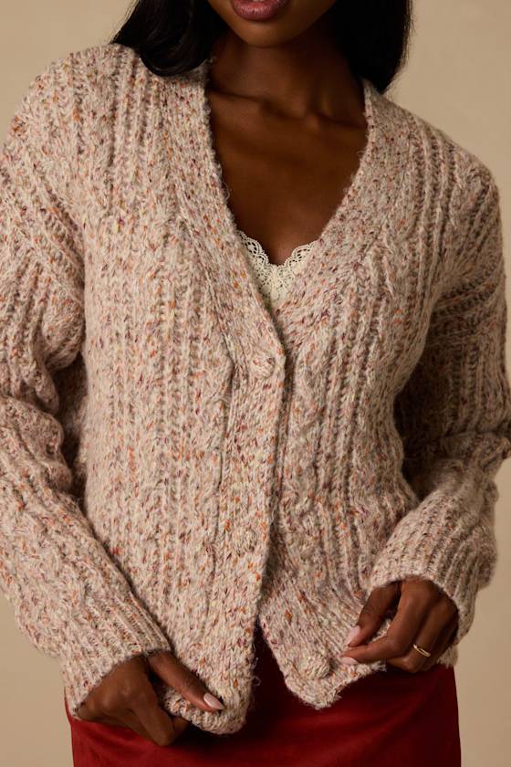 Amori Taupe Marled Cable Knit Cardigan - thumbnail 4
