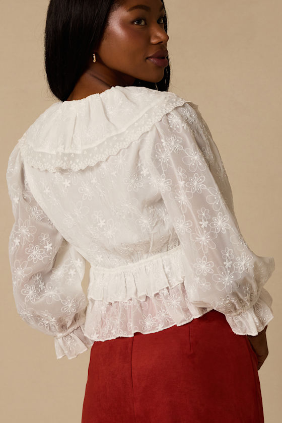 Ethel White Embroidered Ruffled Tie-Front Top - thumbnail 3