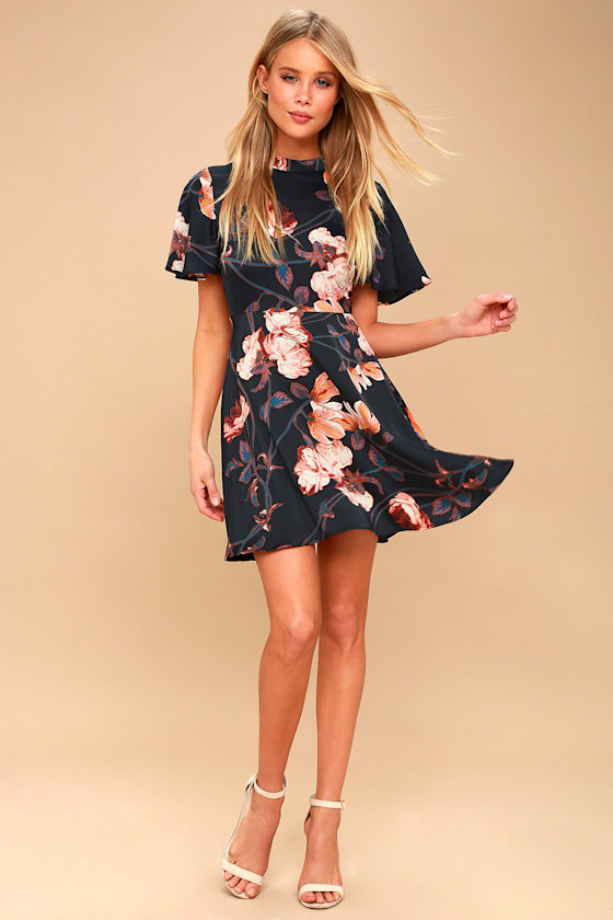 Jasmine Midnight Blue Floral Print Satin Skater Dress 5