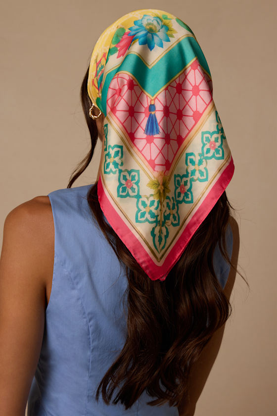Fadia Pink Multi Print Satin Scarf