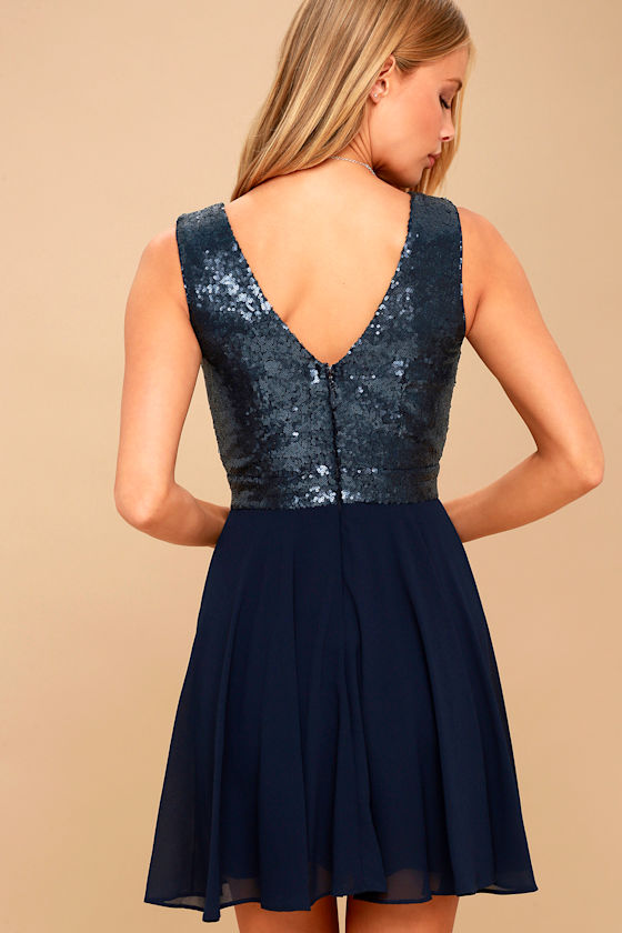 Stunning Navy Blue Sequin Dress Sequin Skater Dress