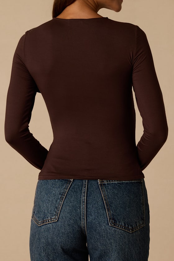 Spence Dark Brown Ruched Long Sleeve Top - thumbnail 3