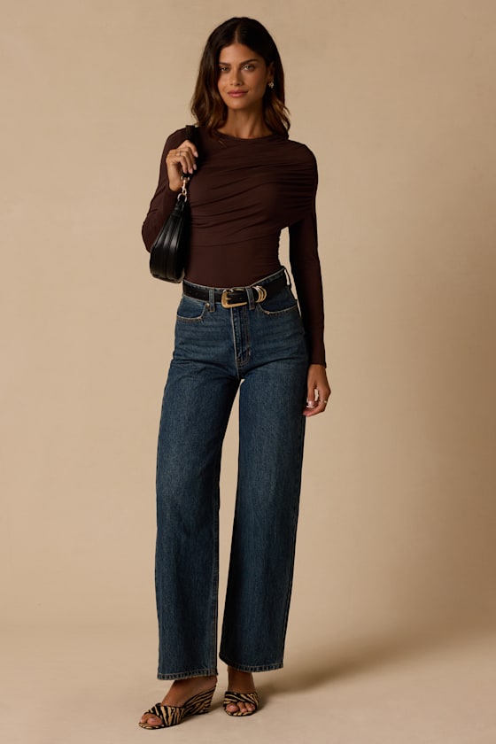 Spence Dark Brown Ruched Long Sleeve Top - thumbnail 4