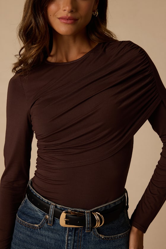 Spence Dark Brown Ruched Long Sleeve Top - thumbnail 5