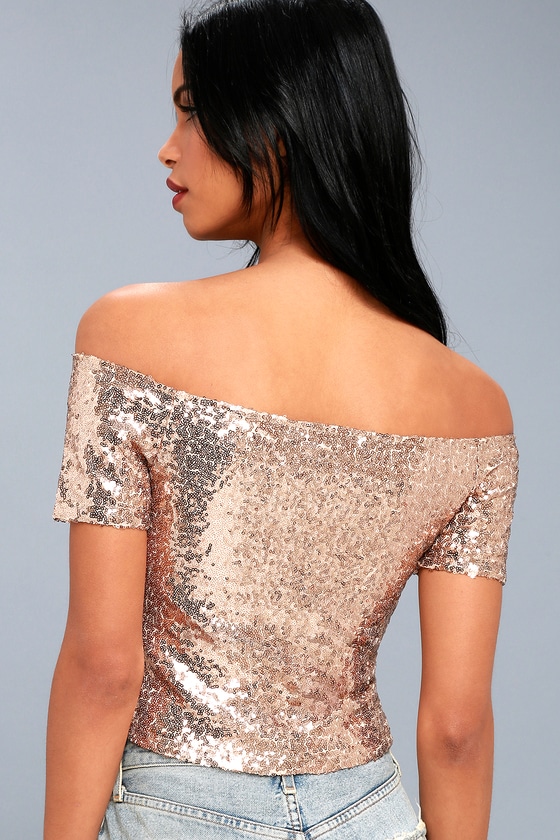 Shiny Rose Gold Sequin Top - Rose Gold Off-the-Shoulder Top