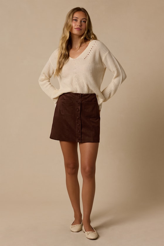 Earnshaw Dark Brown Suede Button-Front Mini Skirt - thumbnail 3