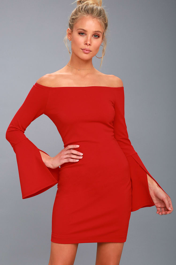 Off The Shoulder Bell Sleeve Dress (Red) - Lilly's Kloset