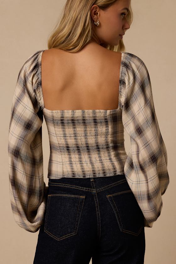 Quentin Cream Plaid Puff Sleeve Top - thumbnail 3