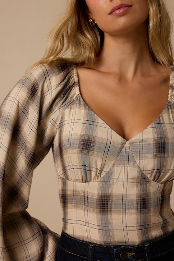 Quentin Cream Plaid Puff Sleeve Top - thumbnail 5