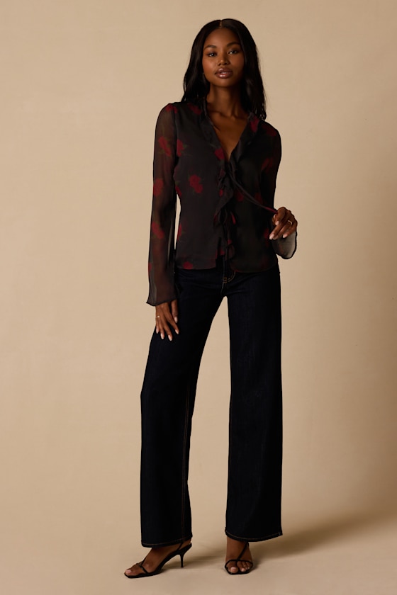 Acosta Black Floral Ruffled Long Sleeve Top - thumbnail 3