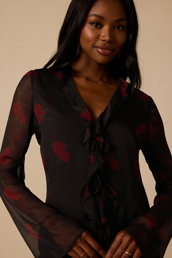 Acosta Black Floral Ruffled Long Sleeve Top - thumbnail 4