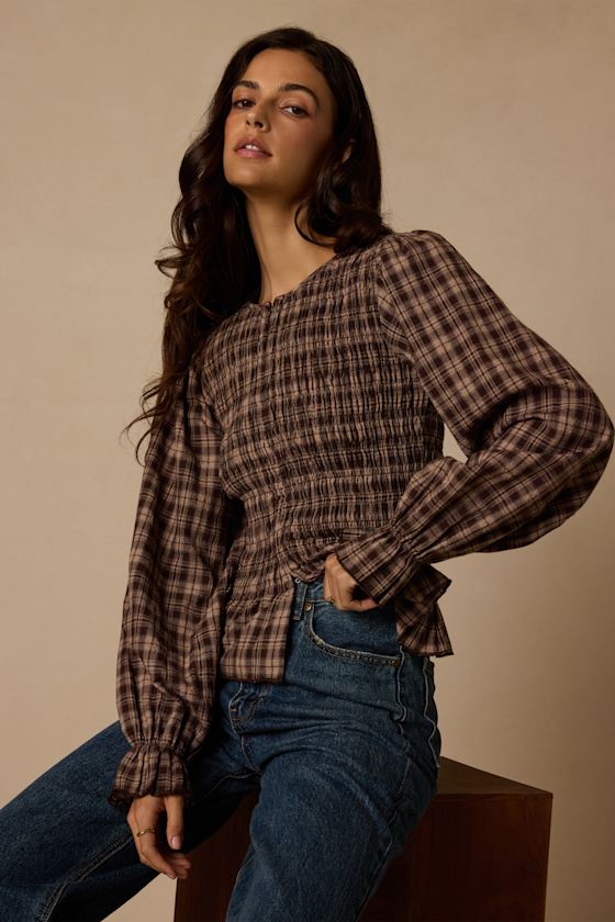 Image of Tomas Brown Plaid Long Sleeve Top