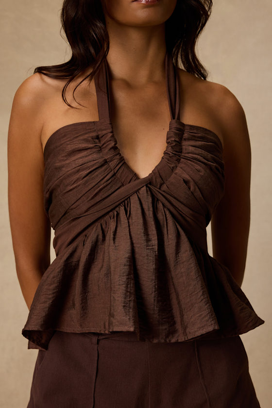 Kadri Brown Peplum Halter Top - thumbnail 4