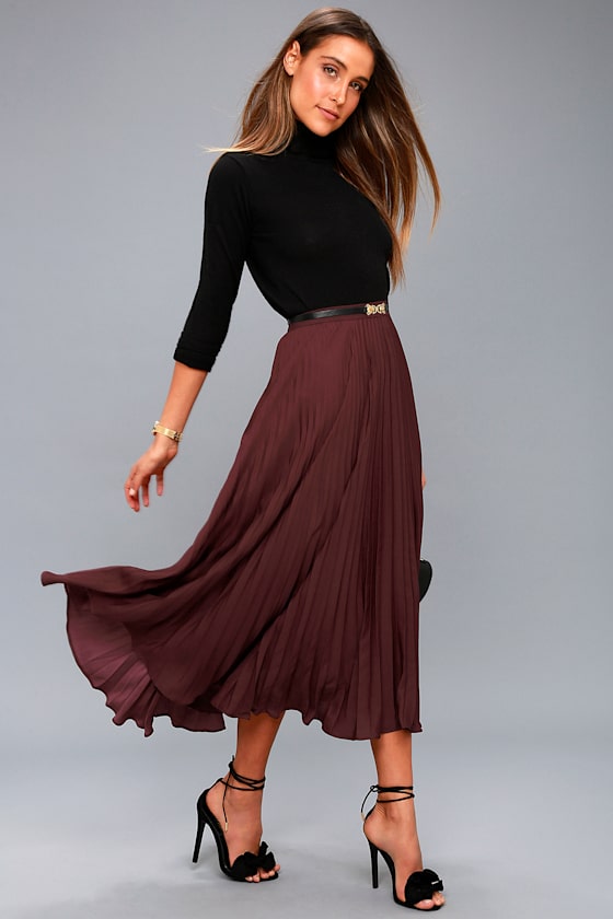 Bordeaux Plum Purple Pleated Midi Skirt 1