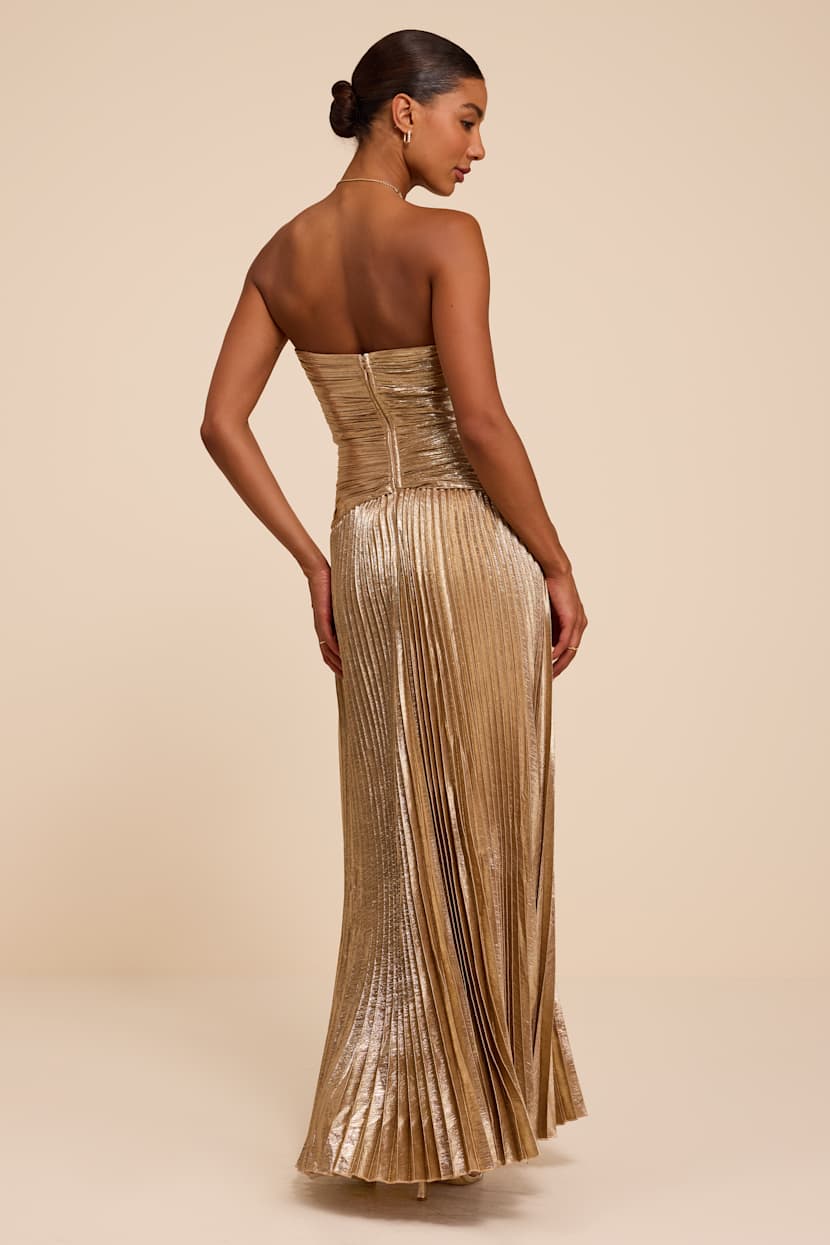 gold pleated strapless dress Champagne Maxi | Womens | Small (Available in XS, M, L, XL) | 100% Polyester blue q