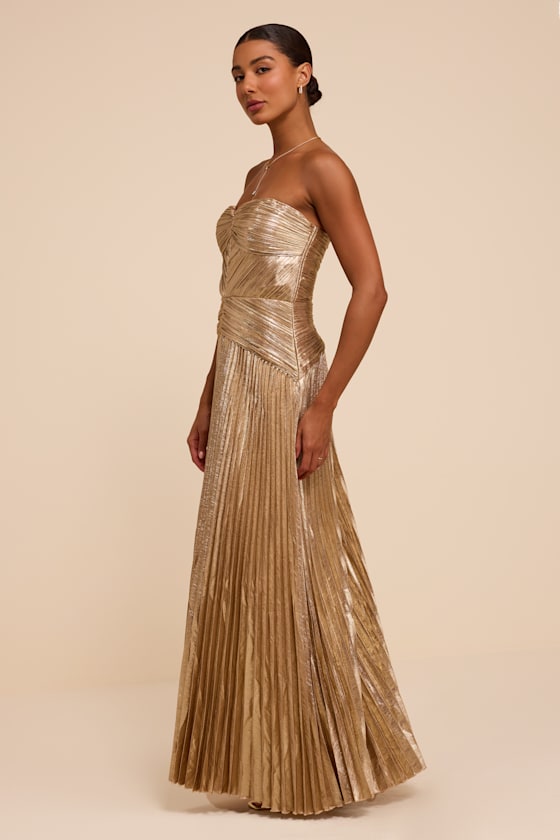 Charlene Champagne Pleated Strapless Maxi Dress - thumbnail 4