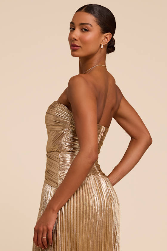 Charlene Champagne Pleated Strapless Maxi Dress - thumbnail 5