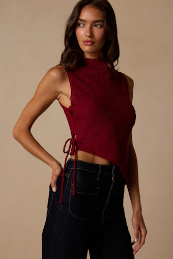 Kye Berry Red Crochet Lace Asymmetrical Tank Top 1