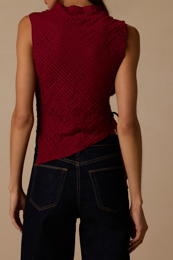 Kye Berry Red Crochet Lace Asymmetrical Tank Top 2
