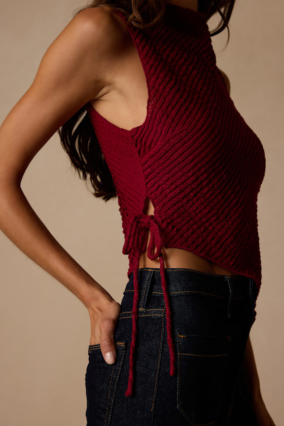 Kye Berry Red Crochet Lace Asymmetrical Tank Top - thumbnail 3