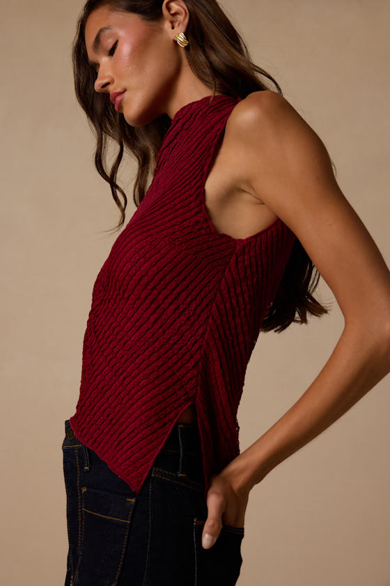 Kye Berry Red Crochet Lace Asymmetrical Tank Top - thumbnail 5