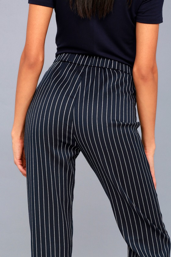 Chic Navy Blue Striped Pants Cropped Pants Trouser Pants 