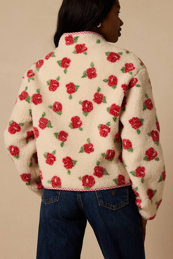 Ivory Floral Jacket - Floral Print Jacket - Faux Shearling Jacket