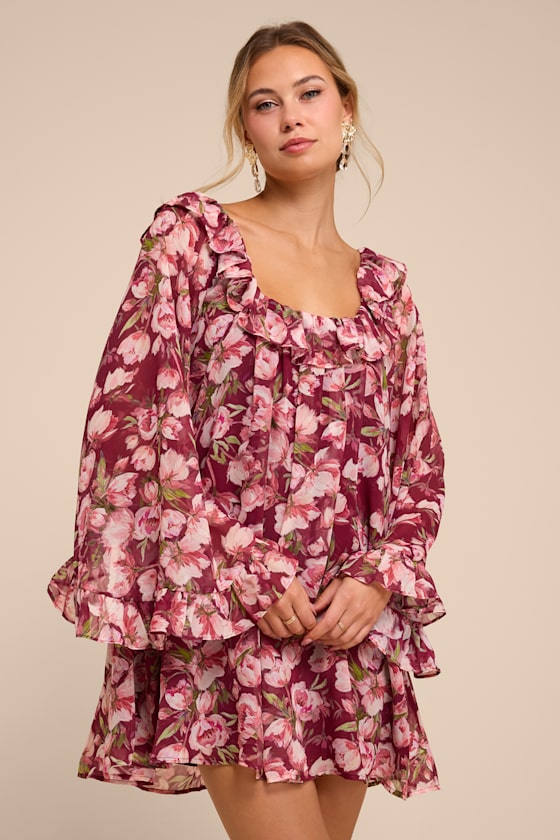 Meadow Burgundy Floral Ruffle Shift Dress - thumbnail 2