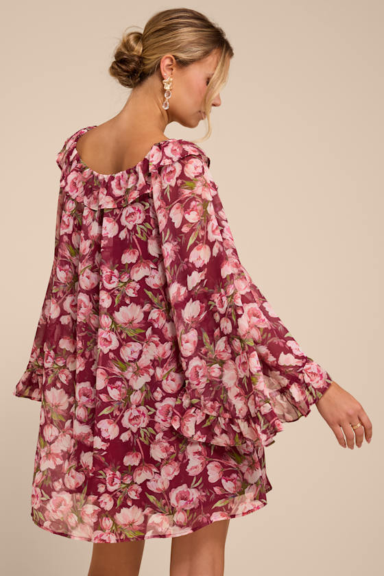 Meadow Burgundy Floral Ruffle Shift Dress - thumbnail 3