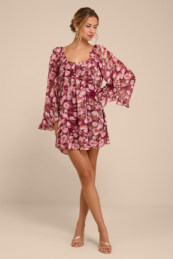 Meadow Burgundy Floral Ruffle Shift Dress - thumbnail 4