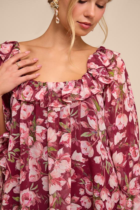 Meadow Burgundy Floral Ruffle Shift Dress - thumbnail 5