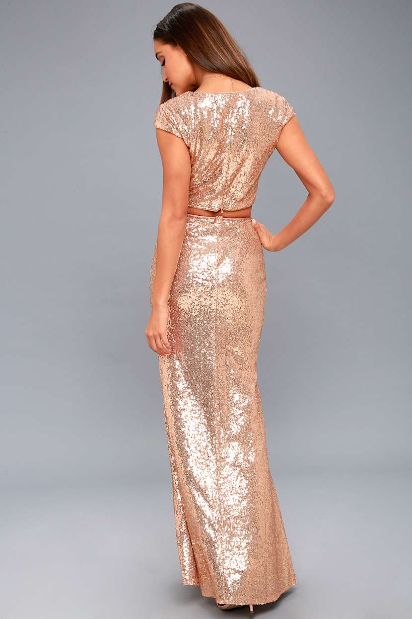 rose gold prom dress two piece champagne two pieces beads long prom dress, evening dress – shdress main image 0