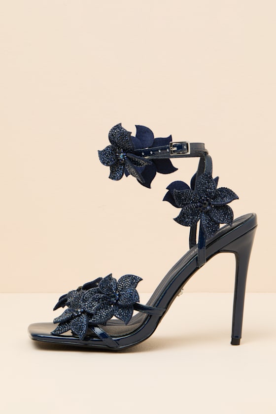 Romi Navy Blue Beaded Flower Heels - thumbnail 3