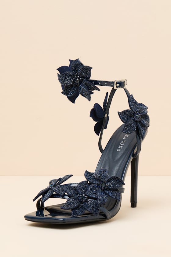 Romi Navy Blue Beaded Flower Heels - thumbnail 5