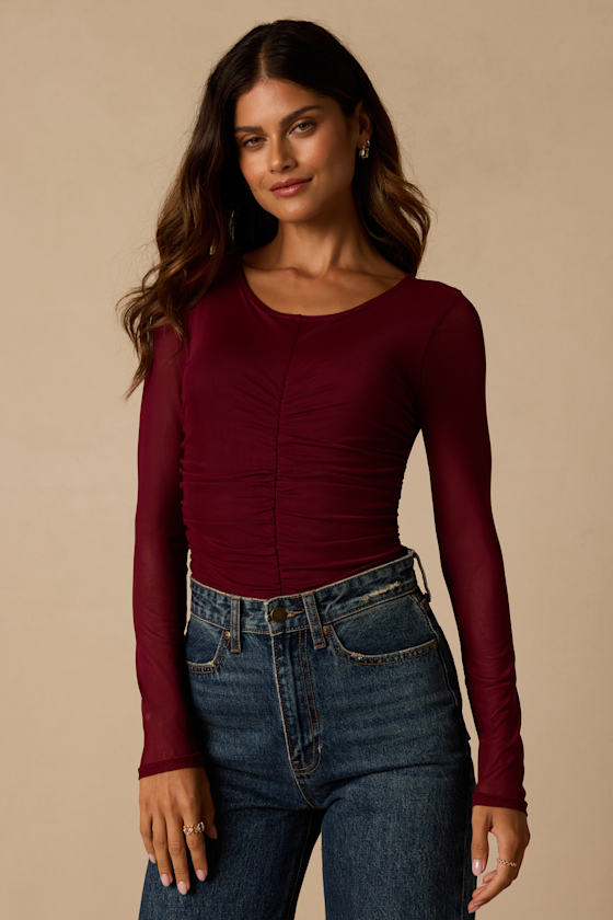Lulus Everyday Luck Burgundy Ruched Long Sleeve Bodysuit